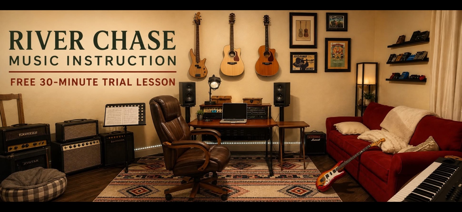 River Chase Music Instruction studio with guitars, amplifiers, keyboards, and recording equipment